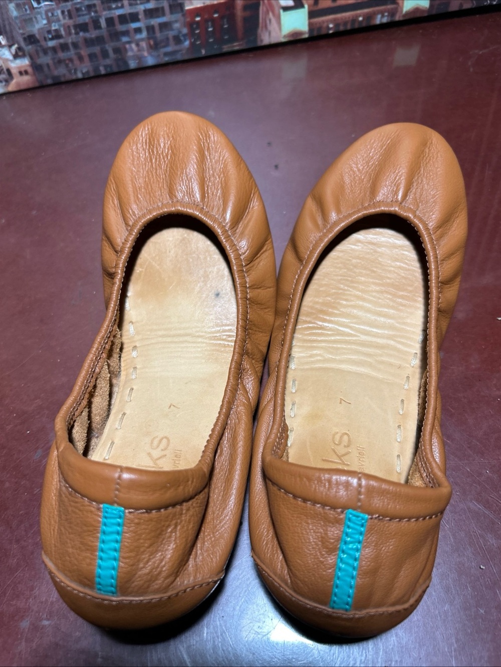 Tieks Brown Leather Ballet Flats with Teal Stitching - Picture 5 of 7